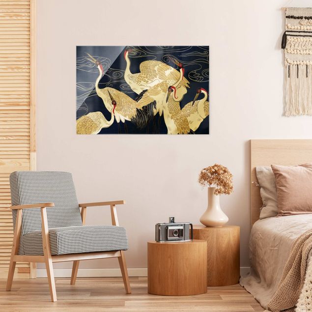 Obrazy na szkle zwierzęta Żurawie o złotych piórach II