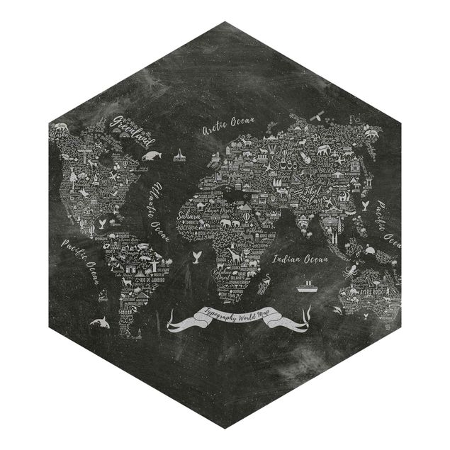 Sześciokątna tapeta samoprzylepna - Kredka typograficzna Mapa świata
