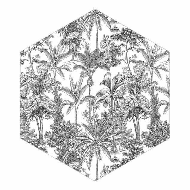 Sześciokątna tapeta samoprzylepna - Odcisk miedziorytu - Tropikalne palmy