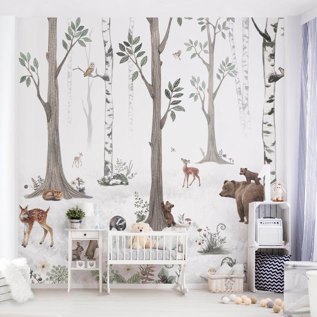 Pokój niemowlęcy Cichy biały las ze zwierzętami