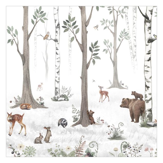 Fototapeta Cichy biały las ze zwierzętami