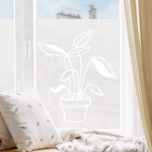 Folia okienna do sypialni Line Art - Small Potted Plant