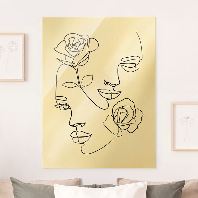 Obrazy na szkle róże Line Art Twarze kobiet Róże czarno-biały