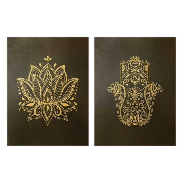 Obrazy na ścianę Zestaw ilustracji lotosu i dłoni Hamsa