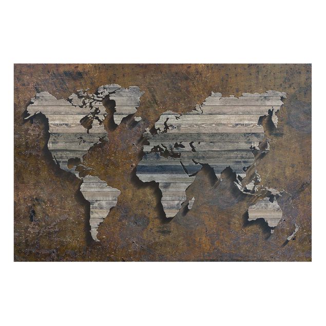 Obrazy do salonu nowoczesne Mapa świata z rdzą drewna