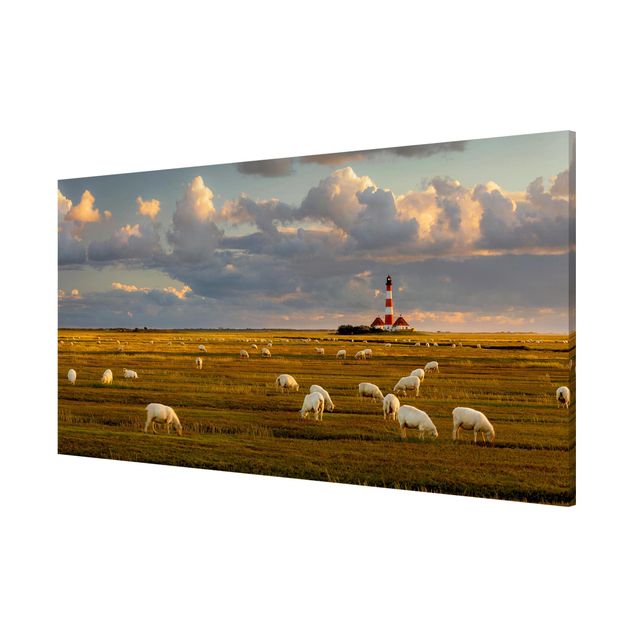 Obrazy nowoczesne Latarnia morska na Morzu Północnym ze stadem owiec