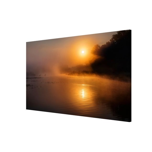 Obrazy nowoczesny Wschód słońca nad jeziorem z jeleniami we mgle