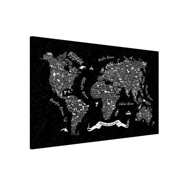 Tablica magnetyczna - Typografia mapa świata czarna