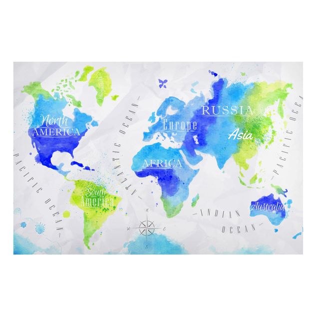 Nowoczesne obrazy do salonu Mapa świata akwarela niebiesko-zielona