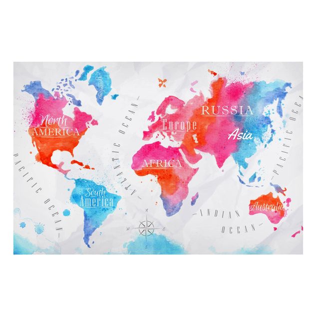 Nowoczesne obrazy do salonu Mapa świata akwarela czerwona niebieska