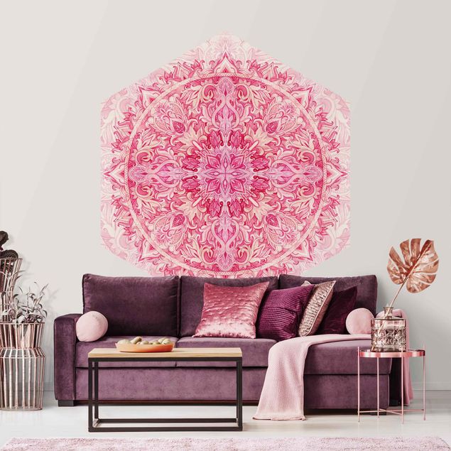 Tapeta beżowa Mandala akwarelowy wzór ornamentu różowy