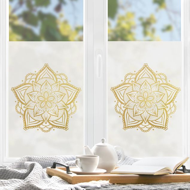 Folia okienna kolorowy Ilustracja kwiatu mandali z białego złota