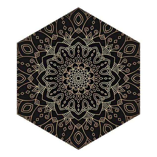 Sześciokątna tapeta samoprzylepna - Mandala wzór w kwiaty złoty czarny