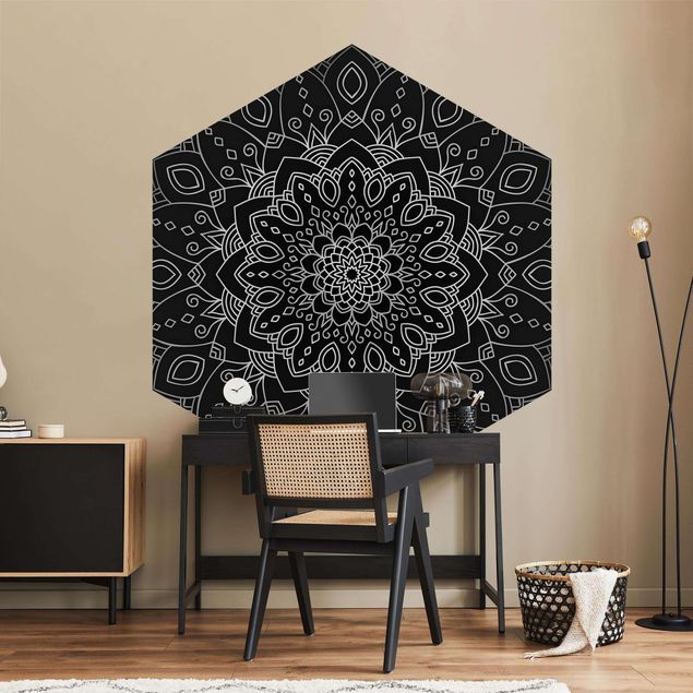 Tapety wzory Mandala wzór w kwiaty srebrno-czarny