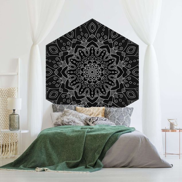 Tapety Mandala wzór w kwiaty srebrno-czarny