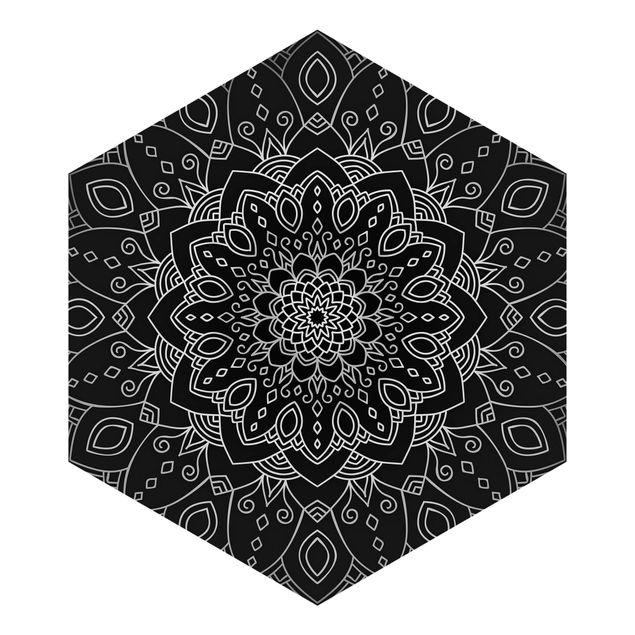Sześciokątna tapeta samoprzylepna - Mandala wzór w kwiaty srebrno-czarny