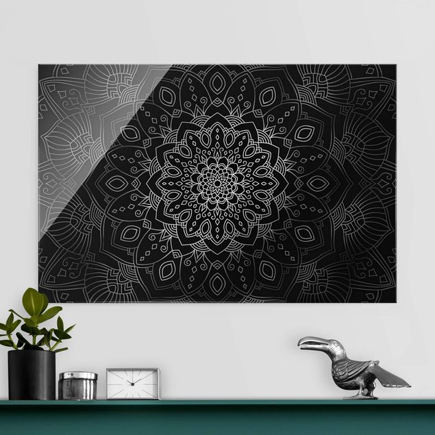 Dekoracja do kuchni Mandala wzór w kwiaty srebrno-czarny