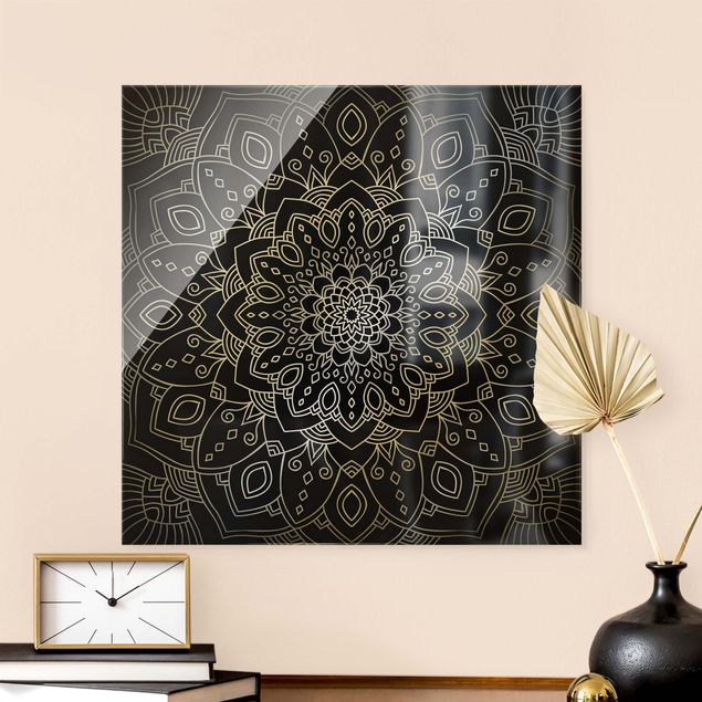 Obrazy na szkle kwadrat Mandala wzór w kwiaty srebrno-czarny