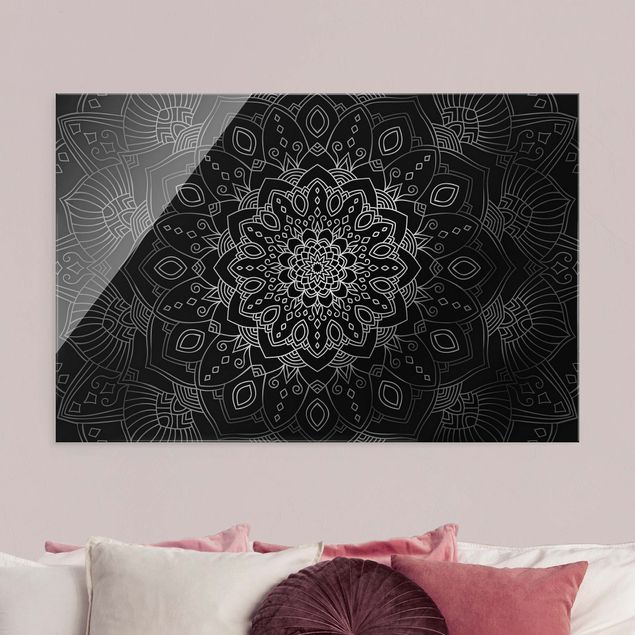 Obrazy na szkle poziomy Mandala wzór w kwiaty srebrno-czarny
