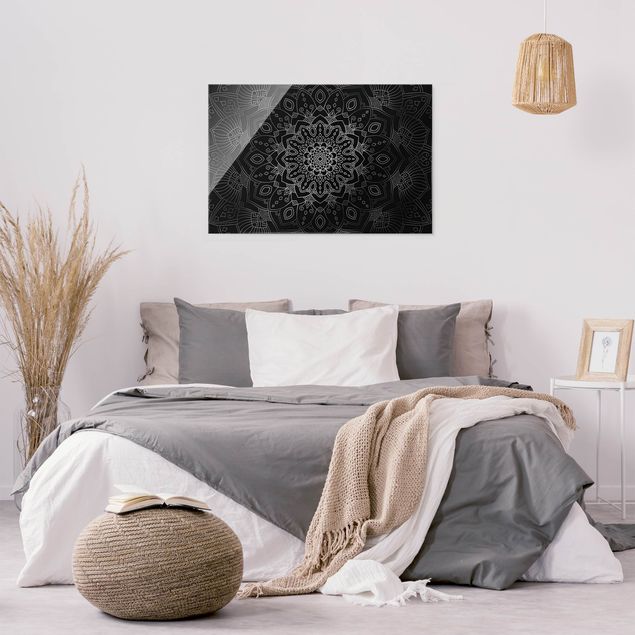 Obrazy do salonu nowoczesne Mandala wzór w kwiaty srebrno-czarny