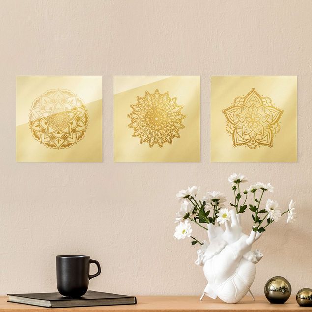 Obraz na szkle 3-częściowy - Mandala Flower Sun Illustration Set Złoto