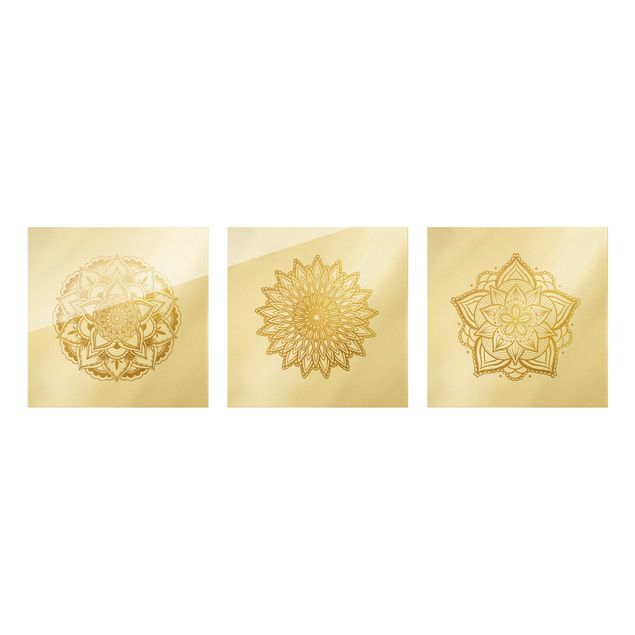 Obraz na szkle 3-częściowy - Mandala Flower Sun Illustration Set Złoto