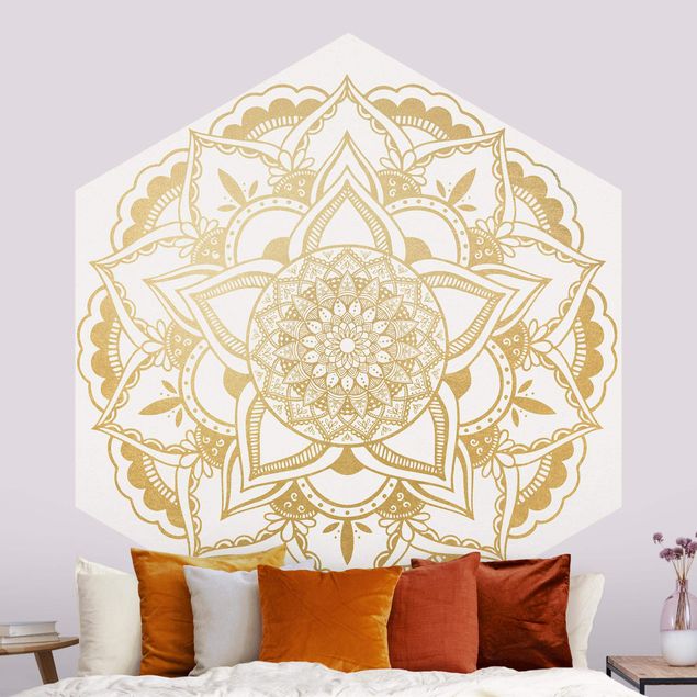 Tapety ornamenty Mandala flower Złoto biały