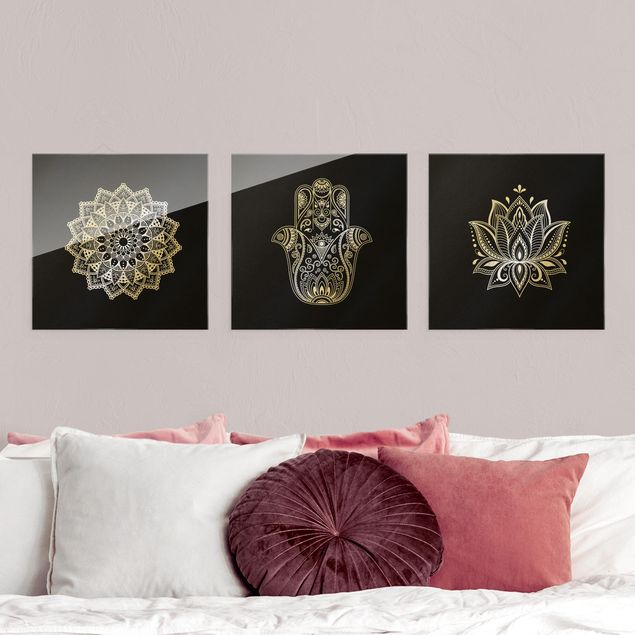 Obrazy na szkle kwadrat Mandala Hamsa Zestaw lotosu na rękę w kolorze czarnym