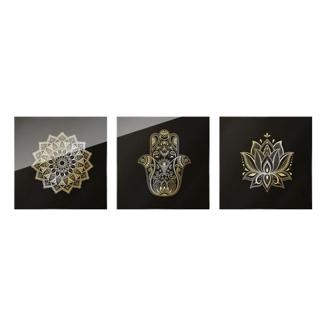 Obrazy do salonu nowoczesne Mandala Hamsa Zestaw lotosu na rękę w kolorze czarnym