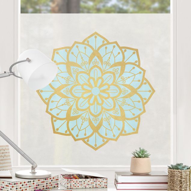 Folia okienna do sypialni Mandala ilustracja kwiat jasnoniebieski złoty