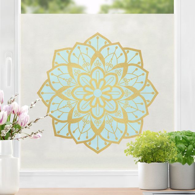 Folia okienna do salonu Mandala ilustracja kwiat jasnoniebieski złoty