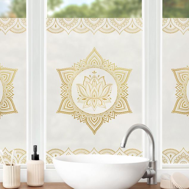 Folia okienna do sypialni Mandala Lotos Ilustracja Ornament białe złoto