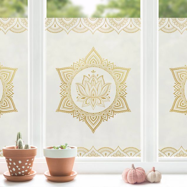Folia okienna do salonu Mandala Lotos Ilustracja Ornament białe złoto