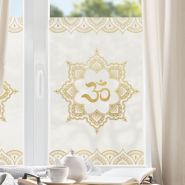 Folia okienna do sypialni Mandala OM Ilustracja Ornament białe złoto