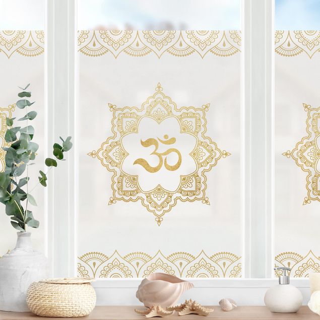Folia okienna do salonu Mandala OM Ilustracja Ornament białe złoto
