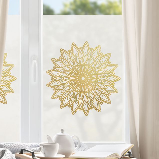 Folia okienna do sypialni Mandala Słońce Ilustracja białe złoto