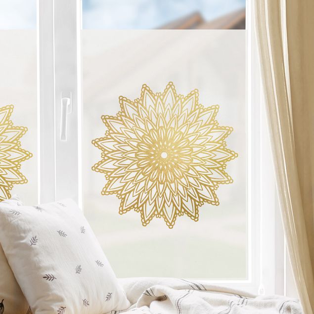 Folia okienna do salonu Mandala Słońce Ilustracja białe złoto
