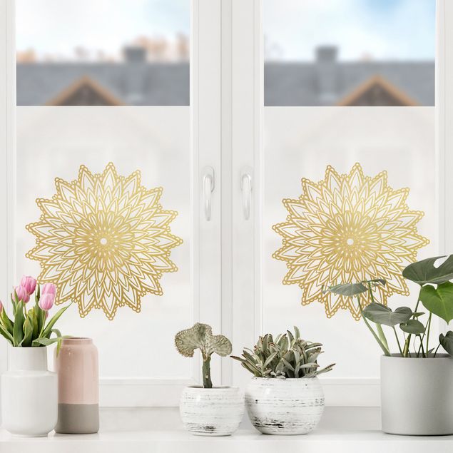 Folia okienna motywy Mandala Słońce Ilustracja białe złoto