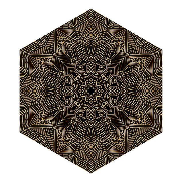 Sześciokątna tapeta samoprzylepna - Mandala wzór w gwiazdy złoto-czarny