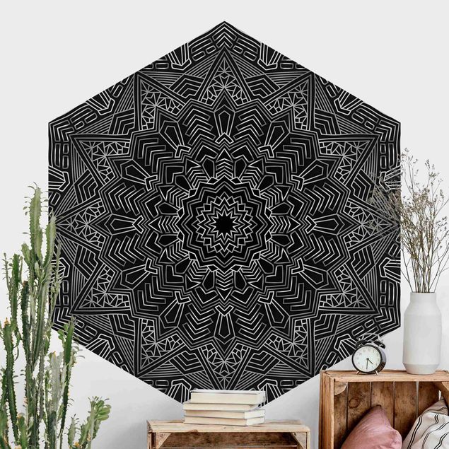 Tapety ornament Mandala wzór w gwiazdy srebrno-czarny