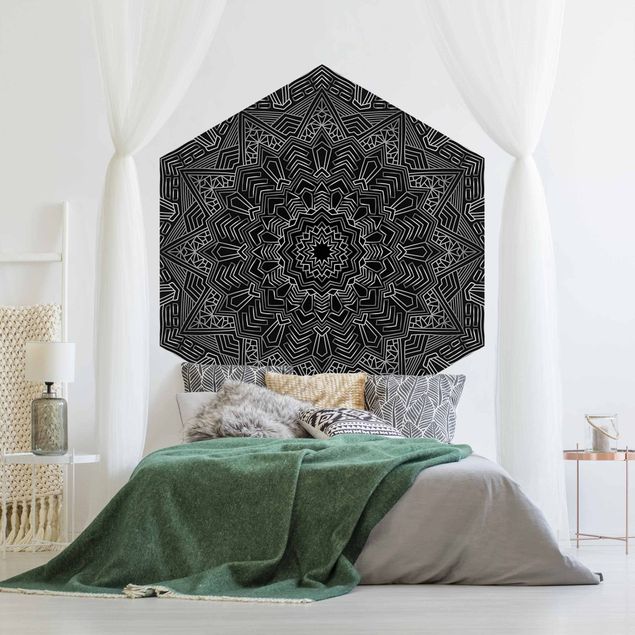 Tapety na ściany Mandala wzór w gwiazdy srebrno-czarny