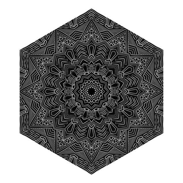 Sześciokątna tapeta samoprzylepna - Mandala wzór w gwiazdy srebrno-czarny