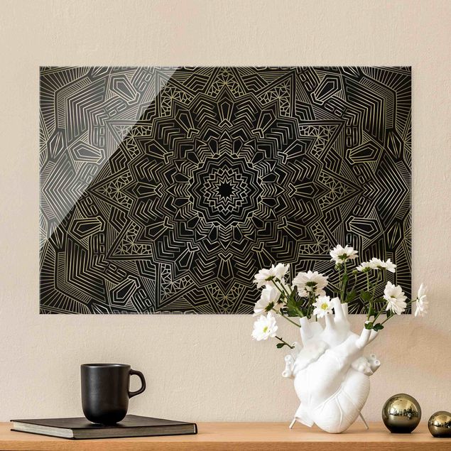 Obrazy na szkle poziomy Mandala wzór w gwiazdy srebrno-czarny