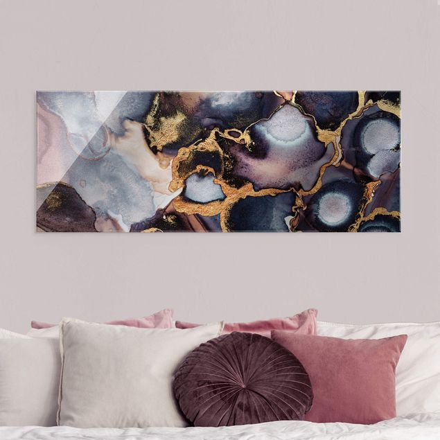 Obrazy na szkle panorama Marmurowa akwarela z złotem