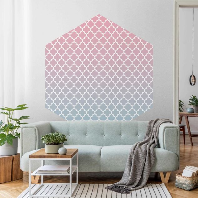 Beżowa tapeta Wzór marokański z gradientem w kolorze różowo-niebieskim