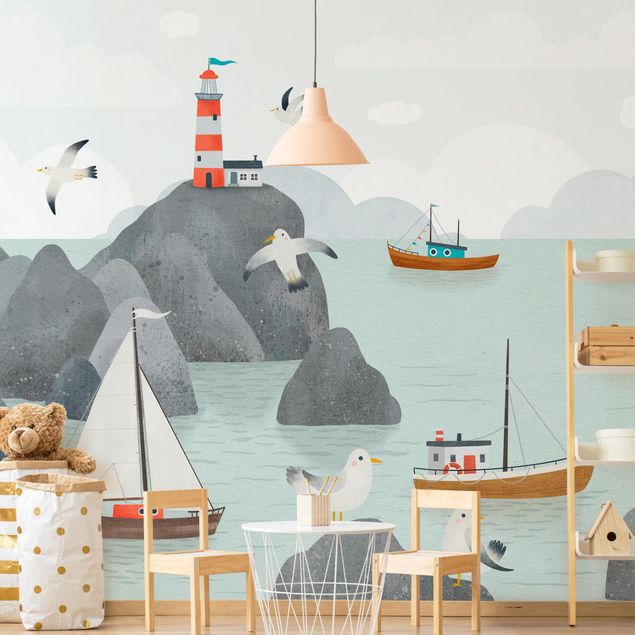 Turkusowa tapeta Ocean With Rocks, Boats And Seagulls