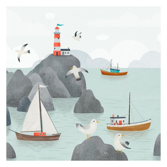 Tapety na ściany Ocean With Rocks, Boats And Seagulls