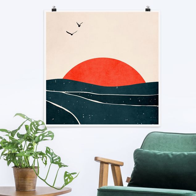 Obrazy do salonu nowoczesne Morze na tle czerwonego zachodu słońca