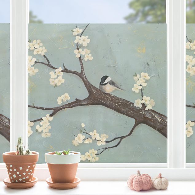Folia okienna do sypialni Sikorka na drzewie wiśni