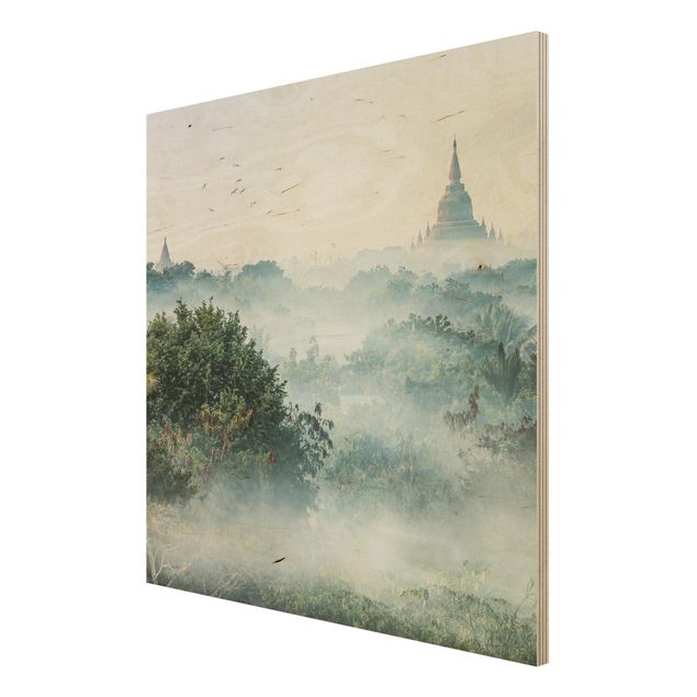Obrazy z drewna Poranna mgła nad dżunglą Bagan